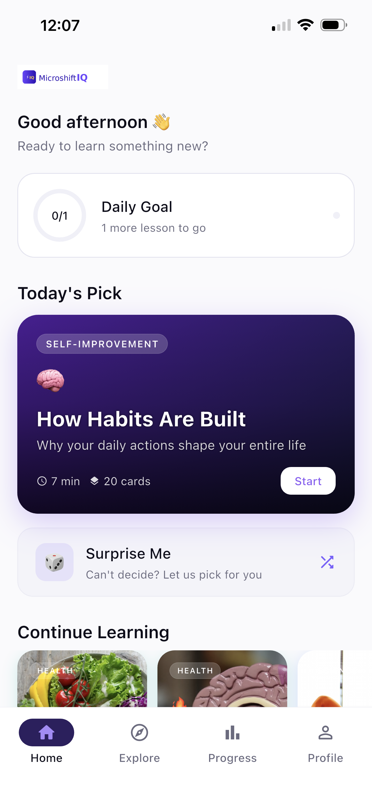 MicroShiftIQ Home screen